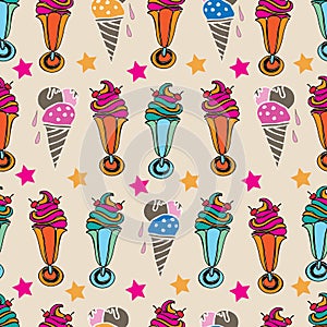 Sundea Dessert-Sweet Dreams seamless repeat pattern illustration. 60 s style Background in pink, blue,orange,green, red