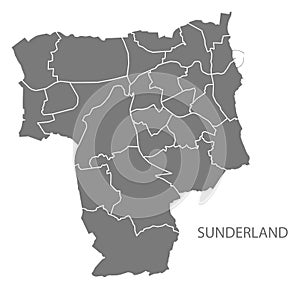 Sunderland city map with wards grey illustration silhouette shape