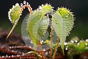 sundew plant with trapped insect in dewy tendrils