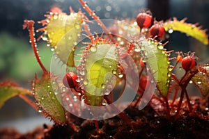 sundew plant with trapped insects on sticky leaves
