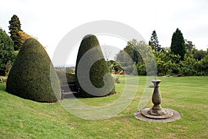 Sundial, bench, and topiary trees in a garden