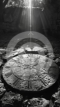 Sundial Casting Times Shadow on a Sundrenched Patio The gnomon blurs with the stone