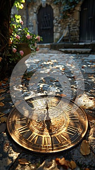 Sundial Casting Times Shadow on a Sundrenched Patio The gnomon blurs with the stone