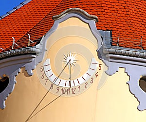 Sundial on catholic gymnasium on Grosslingova street 1908, architect Oden Lechner , Bratislava, Slovakia