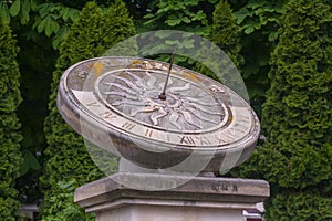 Sundial in the city. Architectural element