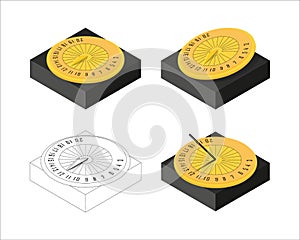 Sundial icon set. Isometric style, outline. Yellow clor. Vector photo