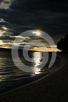 Sundown over the sea near Baska Voda and Brela in Croatia