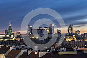 Sundown over Warsaw city downtown