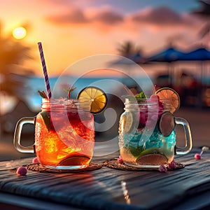 Sundrenched Bliss: Vibrant Orange and Blue Cocktails, Sunset Beach Retreat