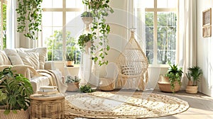 A sundrenched corner adorned with hanging planters overflowing with cascading ivy and macrame plant hangers lending a