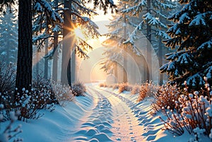 SunDrenched Winter Wonderland A Serene Forest Pathway in a Dreamlike Landscape photo