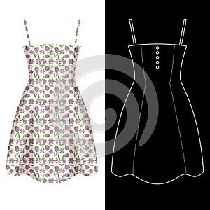 Sundress dress image with white outline silhouette on black