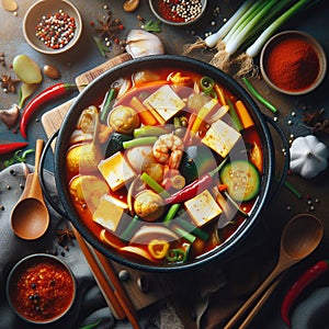 Sundubu Jjigae, A hot and spicy stew made with uncurdled tofu, vegetables,meat, and gochujang or gochugaru