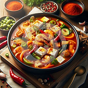 Sundubu Jjigae, A hot and spicy stew made with uncurdled tofu, vegetables,meat, and gochujang or gochugaru