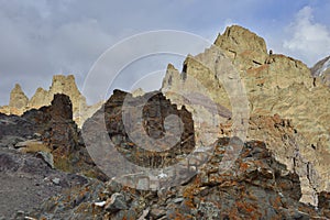 Sunet view of massive rock mountain