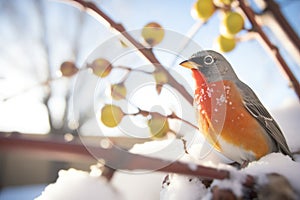 sunflare behind robin on snow-blanketed rowan