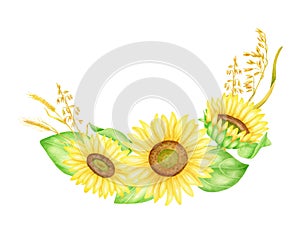 Sunflower arrangement with spikelets and leaves. Hand drawn watercolor floral illustration. Bunch of yellow autumn