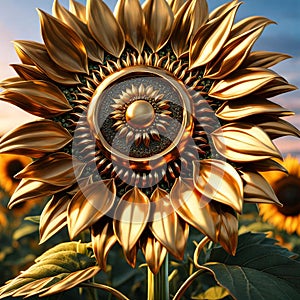 petals, a copper center, and electrum petals and stalk, a sunflower made of metal, at sunset