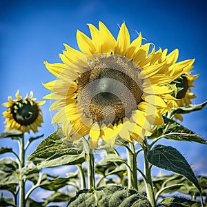 Sunflower beautiful agricultural flower grows. Close-up, blue sky.