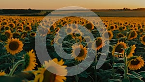 Sunflower blossom, vibrant petal, gold horizon over land generated by AI