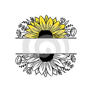 Sunflower border half flowers drawing and outline. Set of blooming splitted flowers. Black and white illustration on