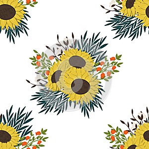 Sunflower bouquet hand drawn seamless pattern with cotton flowers, pomegranate branches and leaves