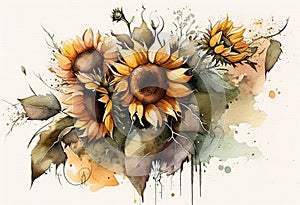 sunflower buquet watercolor painting in earthy tones, abstract art of flowers, ai generated