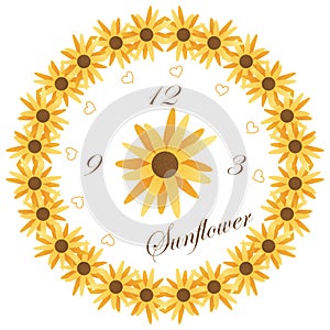 Sunflower Clock Face Illustration with Clipping Path over White