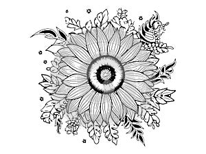 Sunflower Coloring Book. Outline vector illustration of sunflowers and flowers