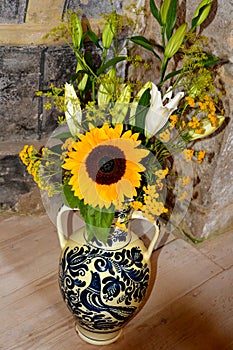 Sunflower. Decor inside fortified medieval saxon evangelic church in Veseud, Zied, Transilvania, Romania