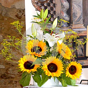 Sunflower. Decor inside fortified medieval saxon evangelic church in Veseud, Zied, Transilvania, Romania