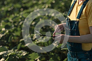 Sunflower farmer using tablet computer in crop field before blooming