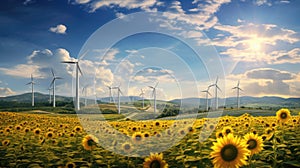 Sunflower Field With Background Wind Turbines. Generative AI.