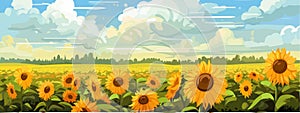 Sunflower field on beautifull hills panorama, sunny summer day landscape