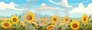 Sunflower field on beautifull hills panorama, sunny summer day landscape