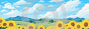 Sunflower field on beautifull hills panorama, sunny summer day landscape