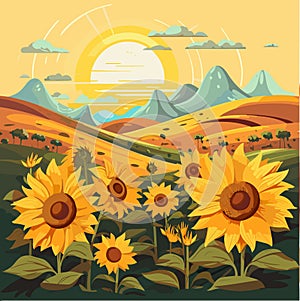 Sunflower field on beautifull hills, sunny summer day landscape