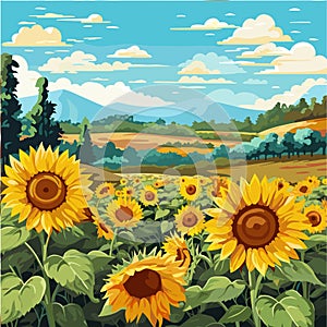 Sunflower field on beautifull hills, sunny summer day landscape