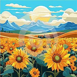 Sunflower field on beautifull hills, sunny summer day landscape