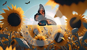 Sunflower field with butterfly at sunset. 3d render illustration.