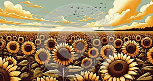 Sunflower Field with Cloudy Sky Illustration