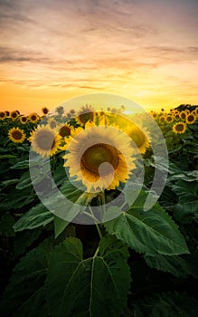 Sunflower field in Minnesota at sunset with green leaves