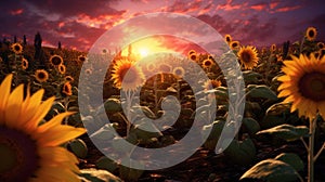 Sunflower field with mountains in background