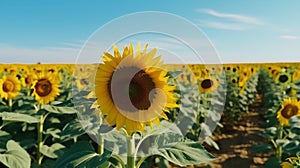 Sunflower field over cloudy blue sky, natural background, closeup