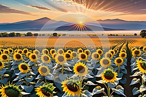 Sunflower Field at Peak Bloom, Golden Hour, Foreground Focused Sunflowers Towering Over the Viewer with Radiant Glow