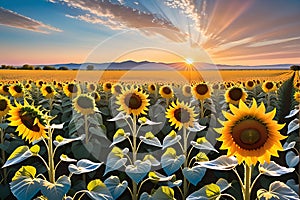 Sunflower Field at Peak Bloom, Golden Hour, Foreground Focused Sunflowers Towering Over the Viewer with Radiant Glow