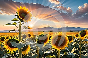 Sunflower Field at Peak Bloom, Golden Hour, Foreground Focused Sunflowers Towering Over the Viewer with Radiant Glow