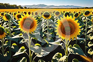 A Sunflower Field in Peak Bloom: Golden and Vibrant under the High Noon Summer Sun, Interspersed with Bees and Butterflies