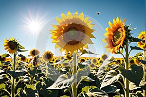 A Sunflower Field in Peak Bloom: Golden and Vibrant under the High Noon Summer Sun, Interspersed with Bees and Butterflies