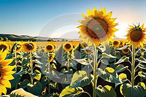 A Sunflower Field in Peak Bloom: Golden and Vibrant under the High Noon Summer Sun, Interspersed with Bees and Butterflies